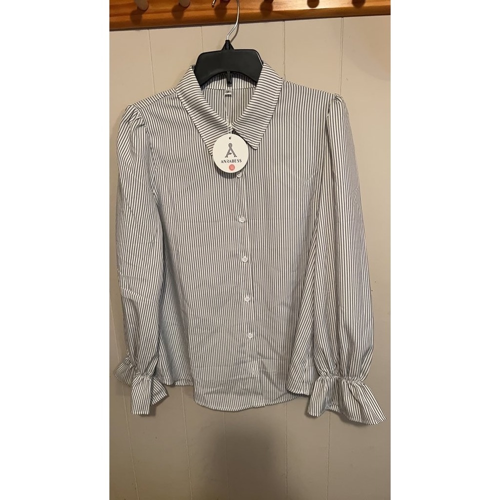 Anrabess Women's Striped Button-Up Blouse with Ruffle Cuffs